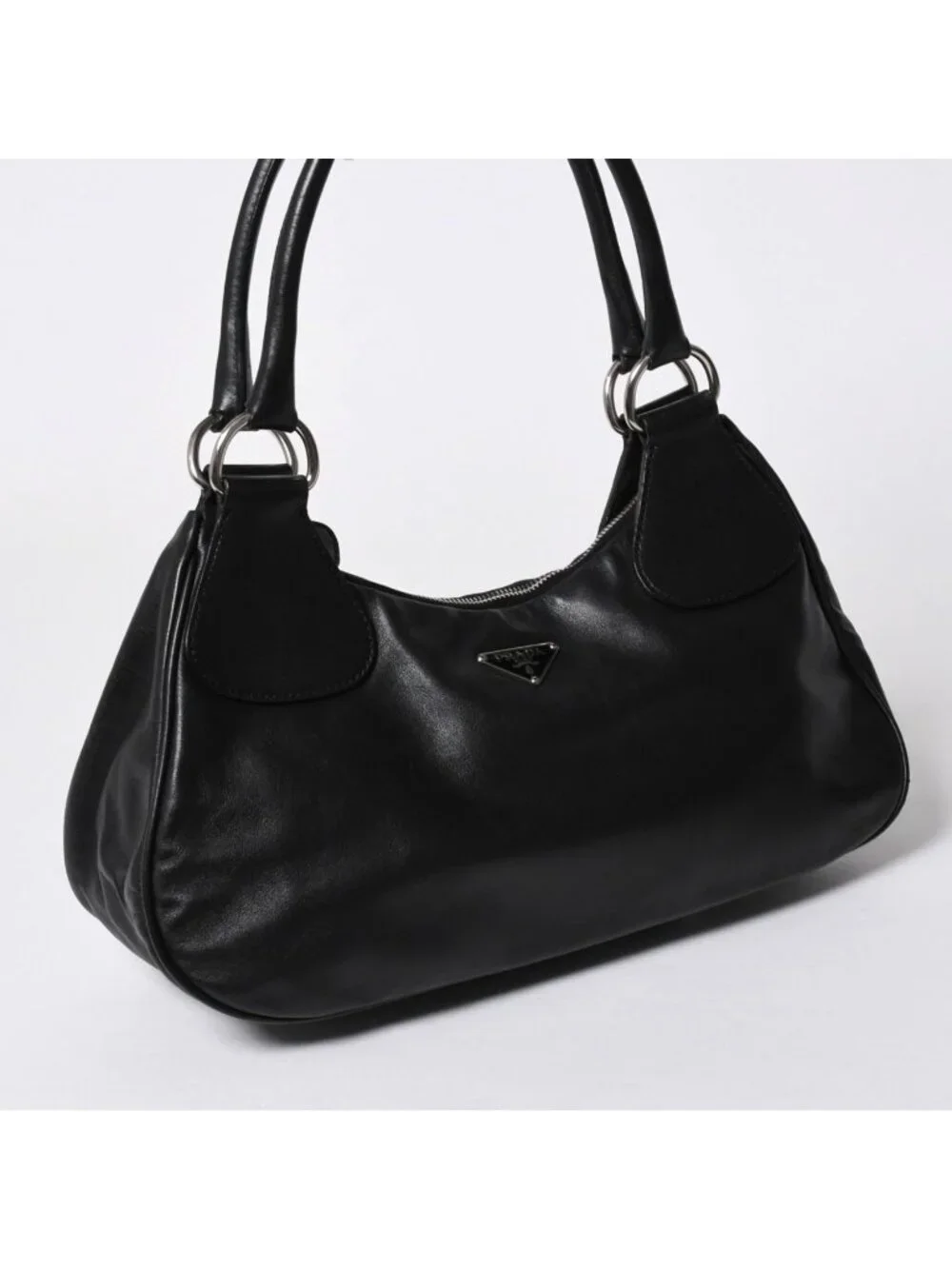 Prada Black Leather Handbag Silver Metal Patent Plate